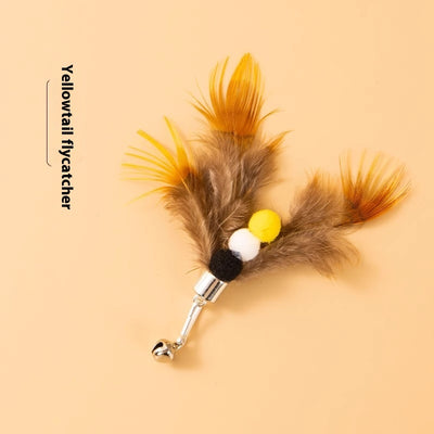 Three distinct feather cat toy replacement heads: a light 'Beetle', a brown and yellow 'Yellowtail flycatcher' with pom-poms, and a multi-colored 'Dead leaf but - Image 3