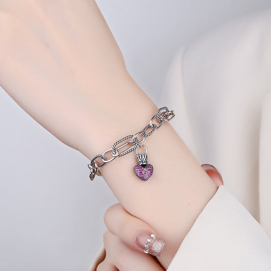 Pulsera de Plata Esterlina S925 Mujer con Dijes Vintage Corona y Corazón