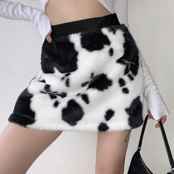 Falda Retro Cintura Alta con Estampado de Vaca - Bolsa Peluda Elegante