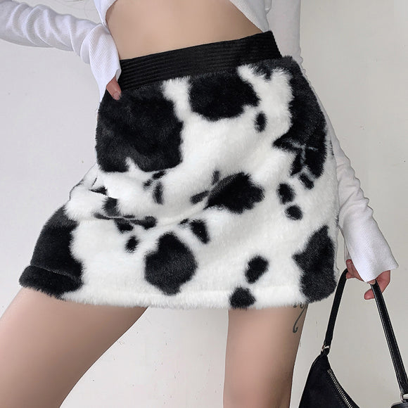 Falda Retro Cintura Alta con Estampado de Vaca - Bolsa Peluda Elegante