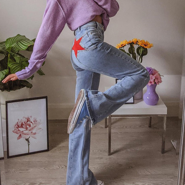 Jeans Rectos con Estrella de Cinco Puntas - Estilo Retro Net Red