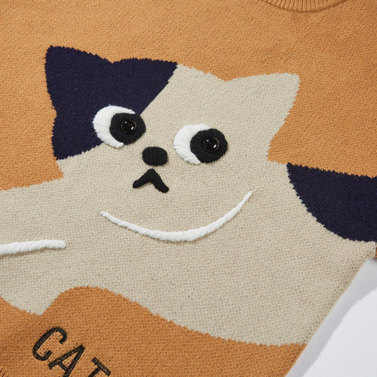 Suéter Jacquard con Diseño de Gato Cuello Redondo Unisex Trendy Oversize - Image 4