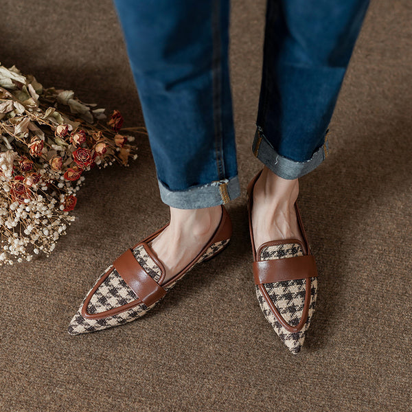 Zapatos Planos de Cuero Vacuno a Cuadros para Mujer