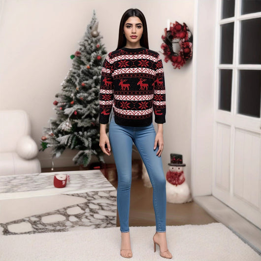 Women's black, red, and white Christmas sweater with reindeer and snowflake fair isle patterns, round neck, long sleeves. - Image 2