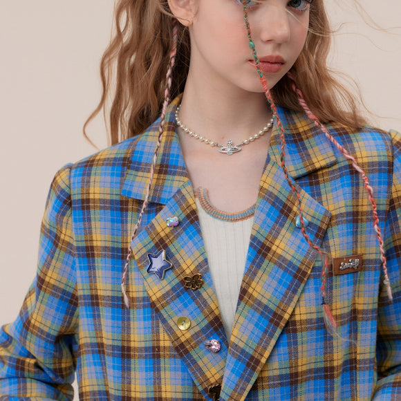 Blazer Casual para Mujer con Cuadros Azul y Amarillo