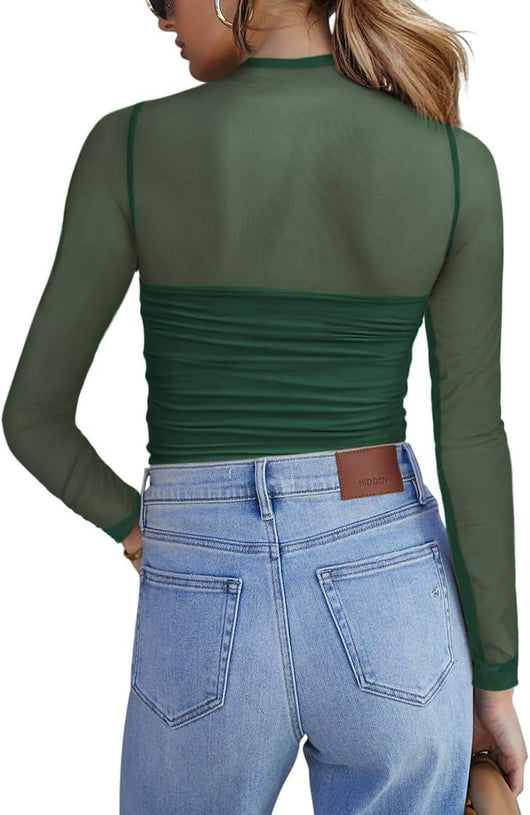 Top Sexy Cuello Malla con Detalles en Contraste - Image 17