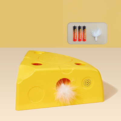 Yellow cheese-shaped electric cat toy with a white feather attachment, shown with three AA batteries and a replacement feather. - Image 6