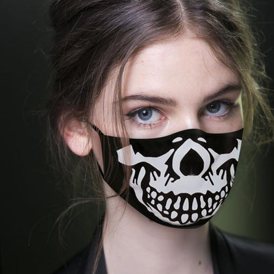 Young woman wearing a black ear hook facial mask with a white skull design, perfect for Halloween. - Image 8