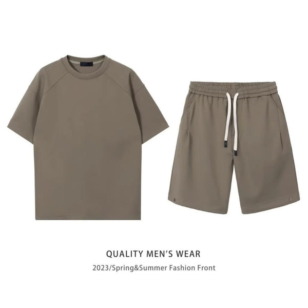 Khaki men's short-sleeved t-shirt and matching shorts set, featuring a loose fit and white drawstring. - Image 6
