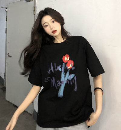 Playera Suelta de Algodón con Diseño Graffiti Retro para Mujer - Image 8