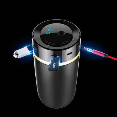Black and gold car air purifier and humidifier with Bluetooth music, digital display, and USB port. - Image 9