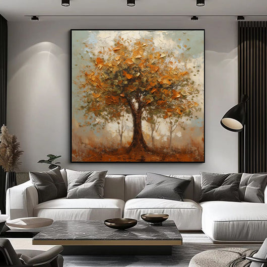 Cuadro Abstracto Otoño Moderno - Lienzo Óleo Tonos Naranjas Decorativo