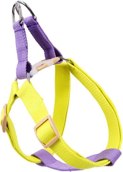 Yellow and purple no-pull dog harness with adjustable nylon straps, plastic buckles, and metal D-rings. - Image 3