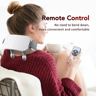 White and grey 3D smart neck massager with remote control, USB cable, and user manual, shown with its packaging. - Image 9