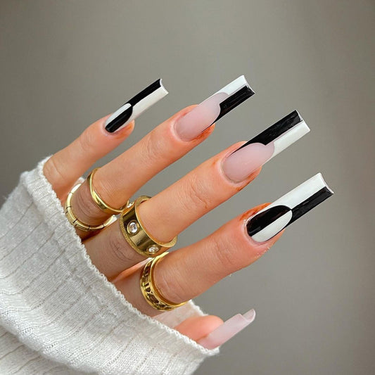 Uñas Postizas Removibles Diseño Minimalista Blanco y Negro