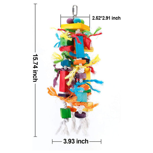 Colorful wooden and rope nibbling toy for parrots, featuring blocks, beads, and knotted ropes, next to a macaw. - Image 6
