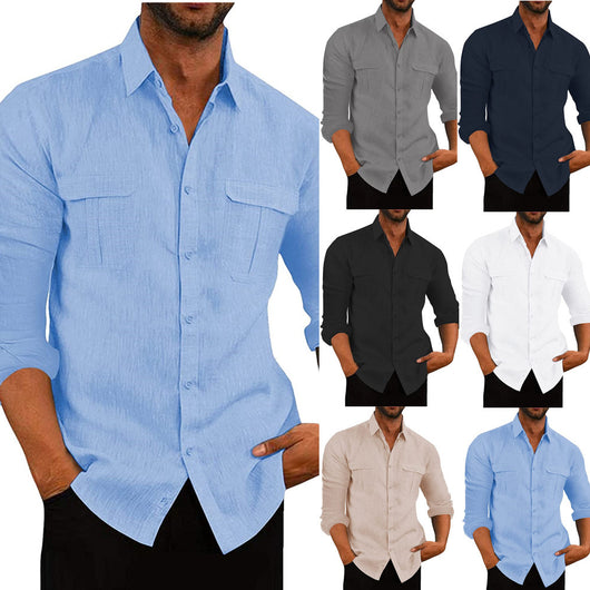 Camisa Hombre Algodón Lino con Bolsillos Dobles Estilo Europeo - Image 17