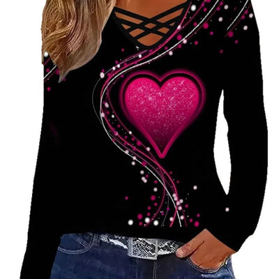 Blusa Casual de Manga Larga con Escote en V y Patrón de Corazones - Image 5