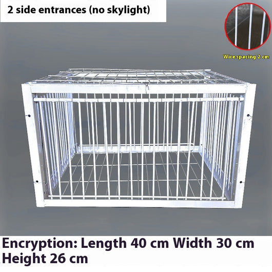 White wire pigeon cage with two side entrances and a skylight, measuring 60x40x26 cm with 2cm wire spacing. - Image 6