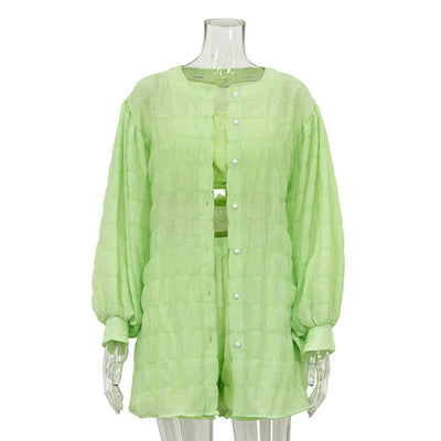 Conjunto de 3 Piezas: Blusa Suelta Manga Larga, Short Cintura Alta - Image 28
