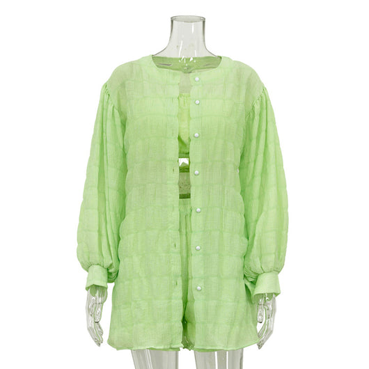 Conjunto de 3 Piezas: Blusa Suelta Manga Larga, Short Cintura Alta - Image 28