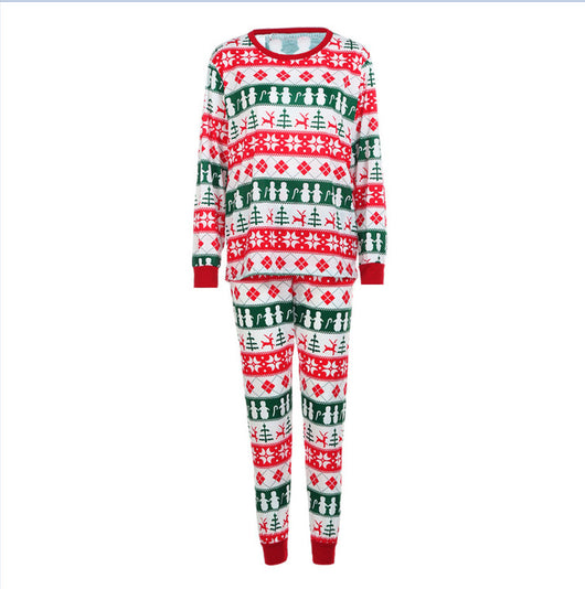 Christmas long-sleeved pajama set with red, green, and white fair isle print featuring snowmen, reindeer, and trees. - Image 17