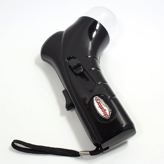 Red pet treat launcher with a clear reservoir filled with brown kibble, shown from side and top views with dimensions. - Image 8