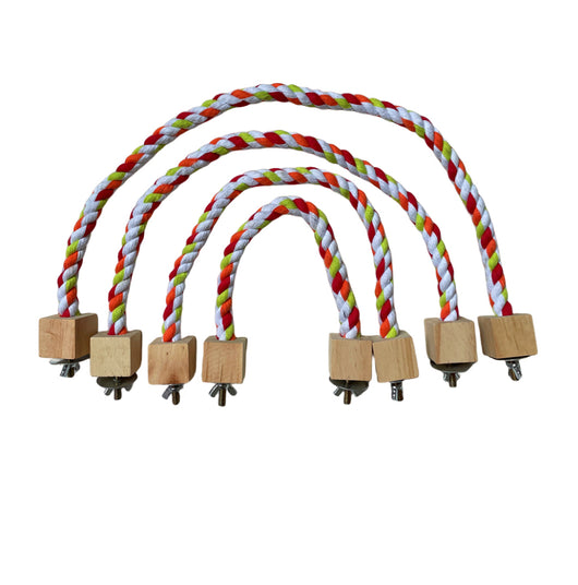 Colorful braided rope bird toy with wooden blocks and metal fasteners, forming a circular swing or climbing perch. - Image 10