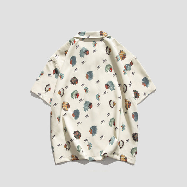 Camisa Retro Estampado Completo Manga Corta Hombre Casual Suelta