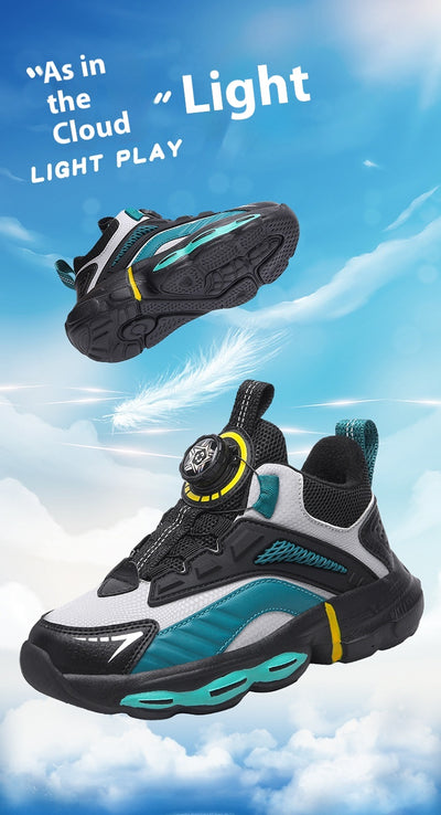 Black, white, and neon green children's basketball shoes with rotating buckle closure, featuring a mid-top design. - Image 27