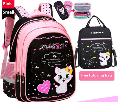 Kids black and pink backpack with a cute white cat print, paired with a matching lunch bag. - Image 17