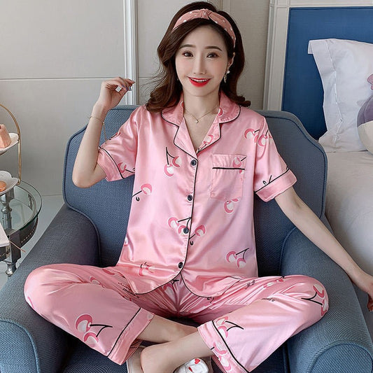 Pijama Talla Grande Verano Seda Artificial Estampado Manga Corta para Mujer