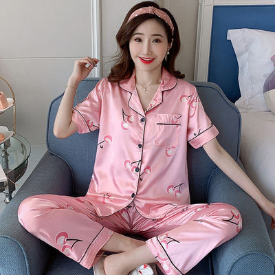 Pijama Talla Grande Verano Seda Artificial Estampado Manga Corta para Mujer