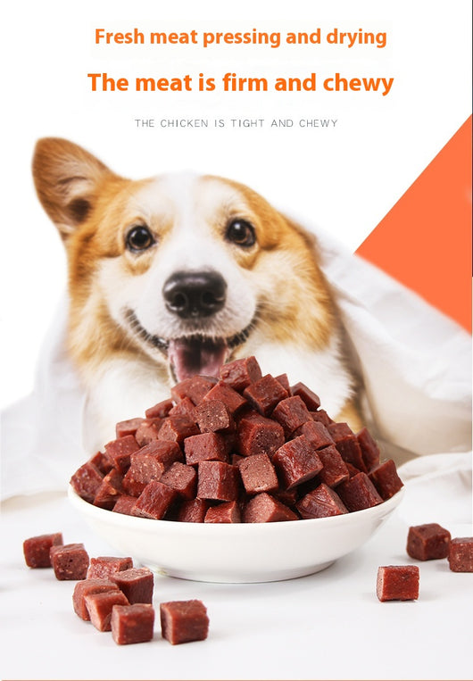 Three varieties of dog treats: dried beef cubes, seaweed beef dices, and chicken cubes, for training and rewards. - Image 11