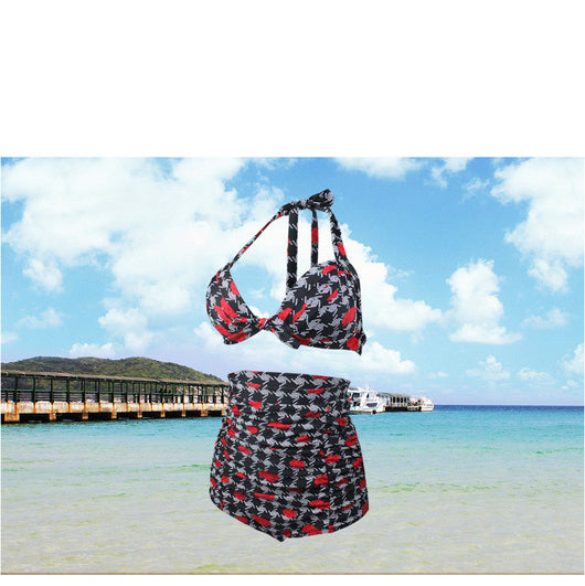 Rose bikini with a black, white, and red houndstooth pattern. Features a halter top and ruched high-waisted bottoms. - Image 8