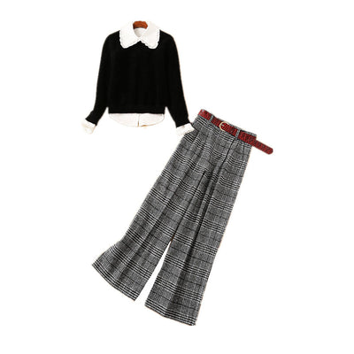 Conjunto de 3 Piezas: Suéter de Mohair con Cuello Texturizado, Camisa de Madera y Pantalón Ancho Cuadriculado - Image 3
