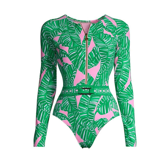 Green and pink tropical leaf print maxi skirt with tiered ruffles and an elastic waistband. - Image 22