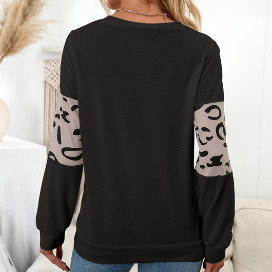 Suéter Tejido Estampado Leopardo Cuello Redondo con Parches de Contraste para Mujer - Image 6