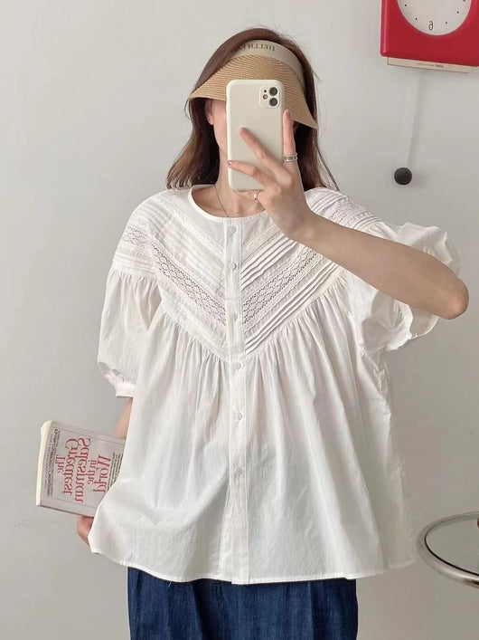 Blusa Clásica de Encaje Cuello Redondo Manga Corta - Image 6