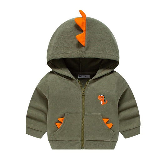 Olive green full-zip hoodie for kids with orange dinosaur spikes on the hood and pockets, and a dinosaur embroidery. - Image 7