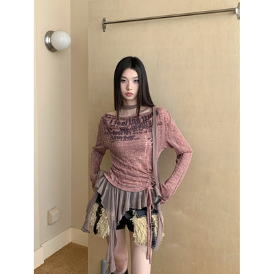 Blusa Tejida con Cuello Volante y Estampado Graffiti Hueco para Mujer - Image 2