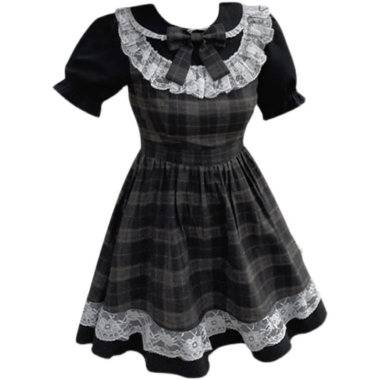 Vestido Plaid Marrón para Mujer - Cuello Redondo, Cintura Alta y Detalles de Encaje