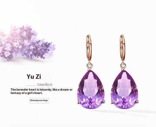 Rose gold necklace with a teardrop purple gemstone pendant and matching dangle earrings. - Image 20