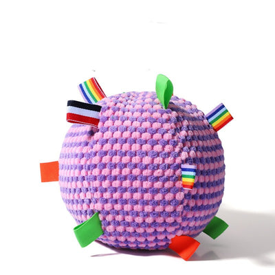 Pink and purple textured pet ball toy with colorful fabric tags, including solid green, orange, and rainbow stripes. - Image 6