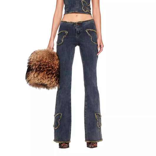 Jeans Slim Fit Retro con Bordado de Mariposas para Mujer - Image 3