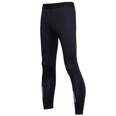 Black men's fitness pants with a tight fit, elastic waistband, and reflective strips on the lower legs. - Image 10