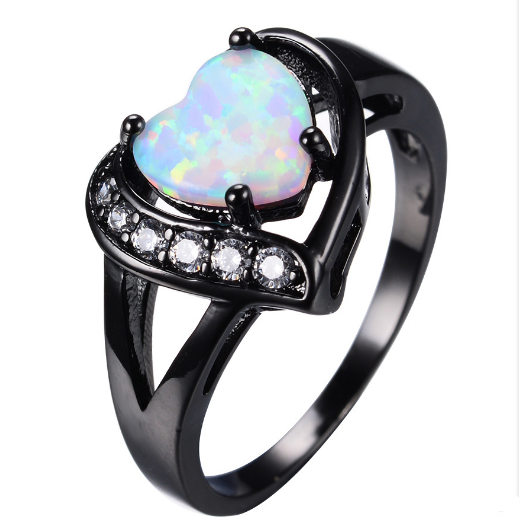 Anillo de Promesa Fuego Ópalo Blanco Corazón con Circones Oro Negro - Image 2