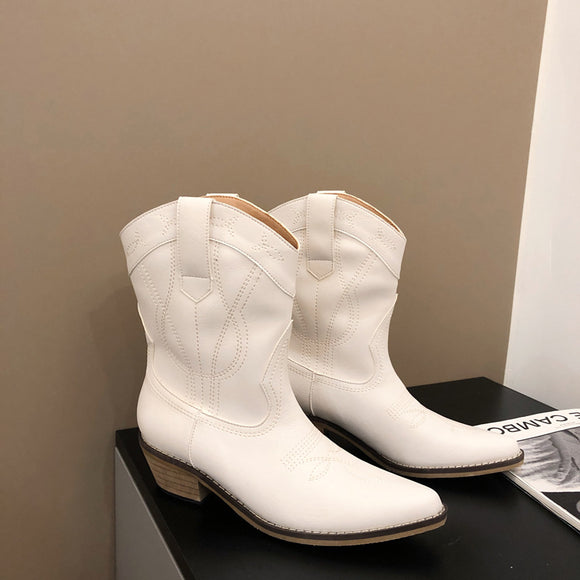 Botas Knight Retro con Tacón Grueso y Bordado Decorativo
