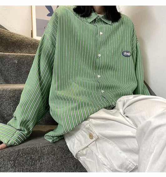 Camisa de Manga Larga Estilo Hong Kong a Rayas Casual Suelta Juvenil - Image 17