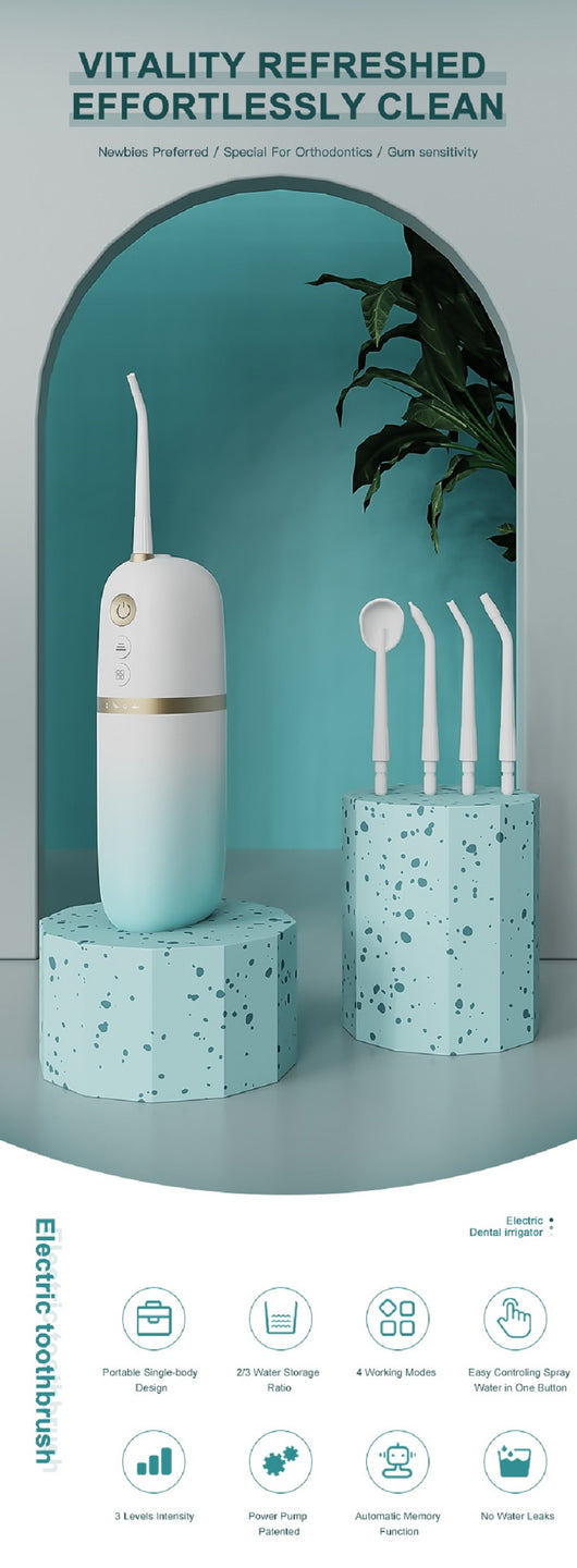 White and rose gold portable electric water flosser with a curved nozzle and volume markings for 160ml and 200ml. - Image 8